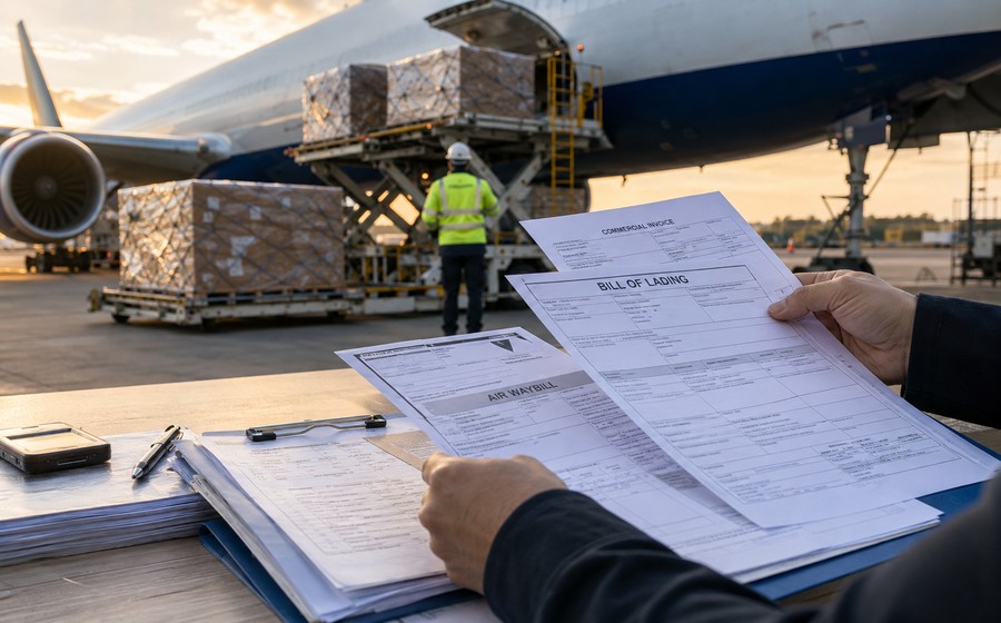 International air cargo being prepared for loading